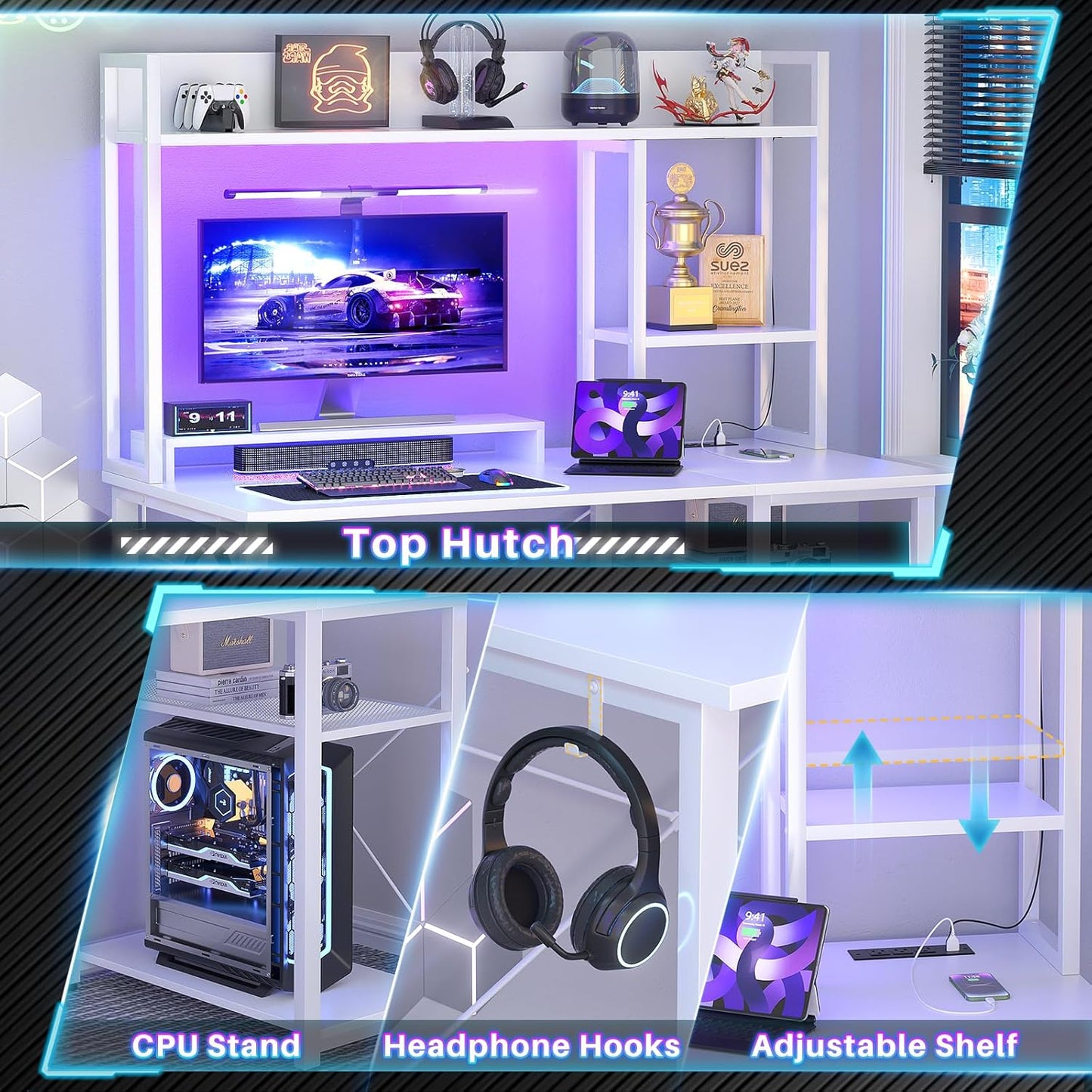 Gaming Desk with Hutch, 39'' Computer Desk with LED Lights & Power Outlets, Home Office Desk with Reversible 5 Tiers Storage Shelves & Monitor Stand, Small Gaming Table for Small Space, White