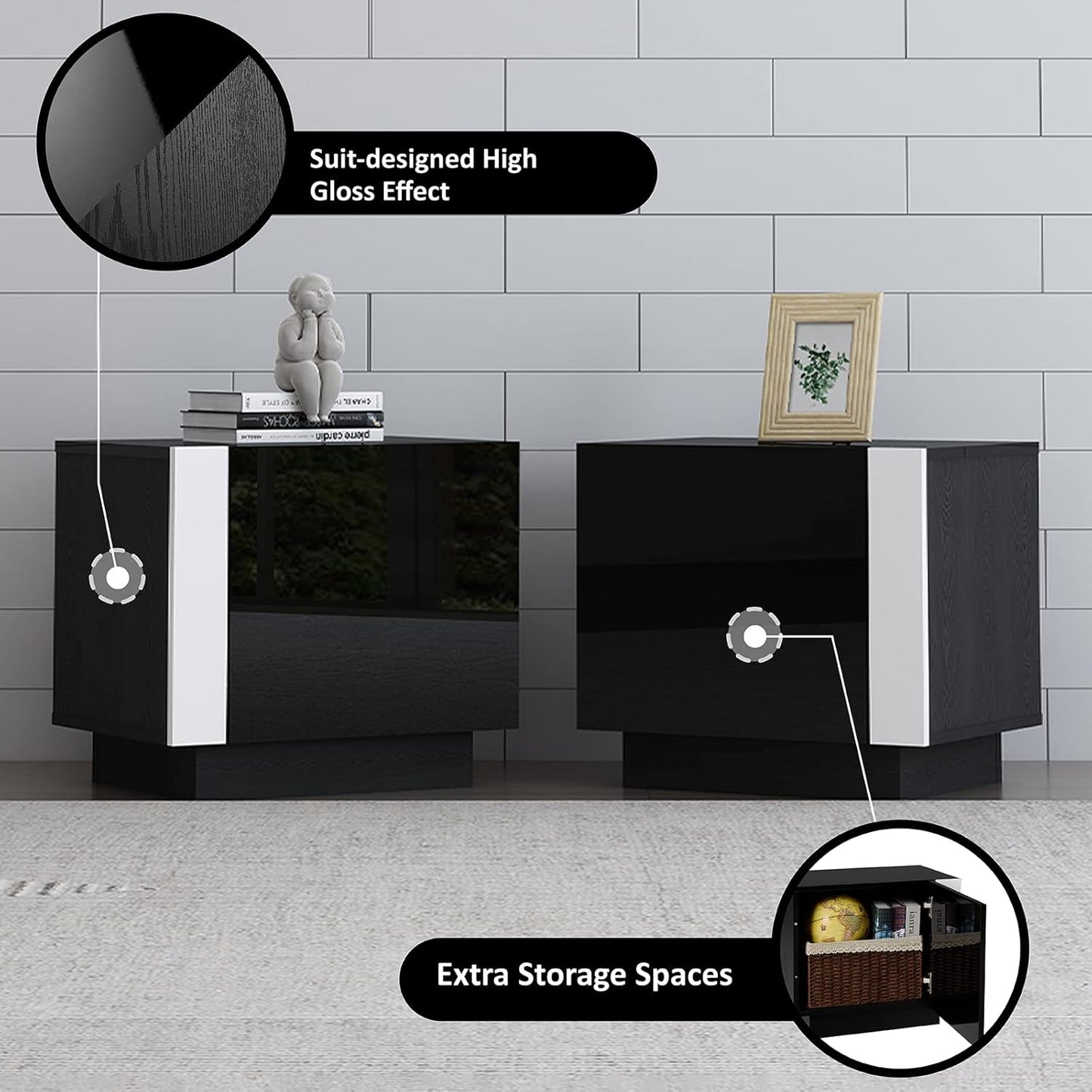 110" Large Fireplace TV Stand Set with 36" Electric Fireplace, Includes 70" 2-Tier Fireplace TV Stand, 2 X End Tables, Modern High Gloss TV Console with LED Light for Living Room, Black