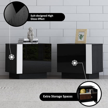 110" Large Fireplace TV Stand Set with 36" Electric Fireplace, Includes 70" 2-Tier Fireplace TV Stand, 2 X End Tables, Modern High Gloss TV Console with LED Light for Living Room, Black