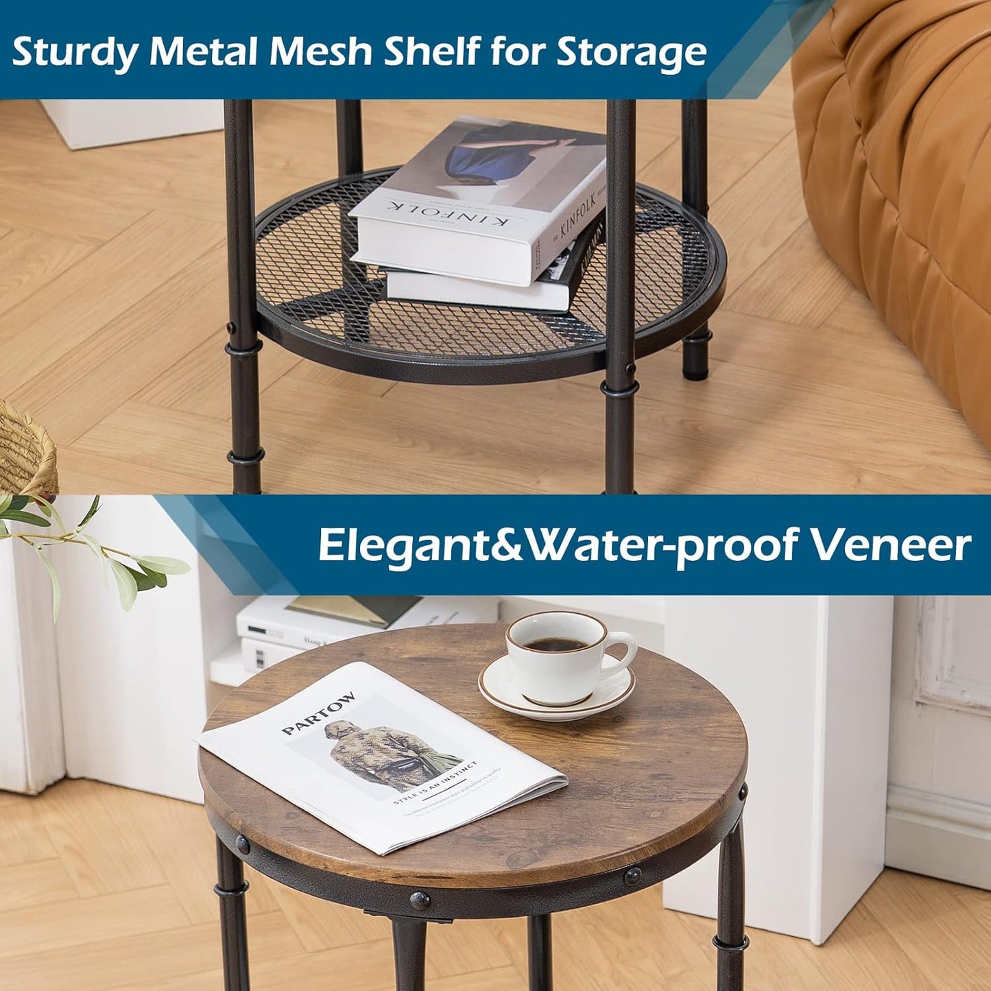 20" Side Table, round End Tables Living Room, Industrial Small End Table with Metal Mesh, Rustic Farmhouse Side Tables for Bedroom, Office, Corner, Walnut