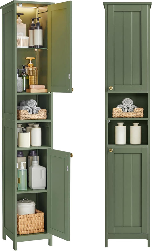 Tall Bathroom Cabinet with Lights, Slim Freestanding Bathroom Storage Cabinet with Adjustable Shelves, for Small Spaces, Modern, 11.8 Inches Wide, Forest Green UBBC566C01