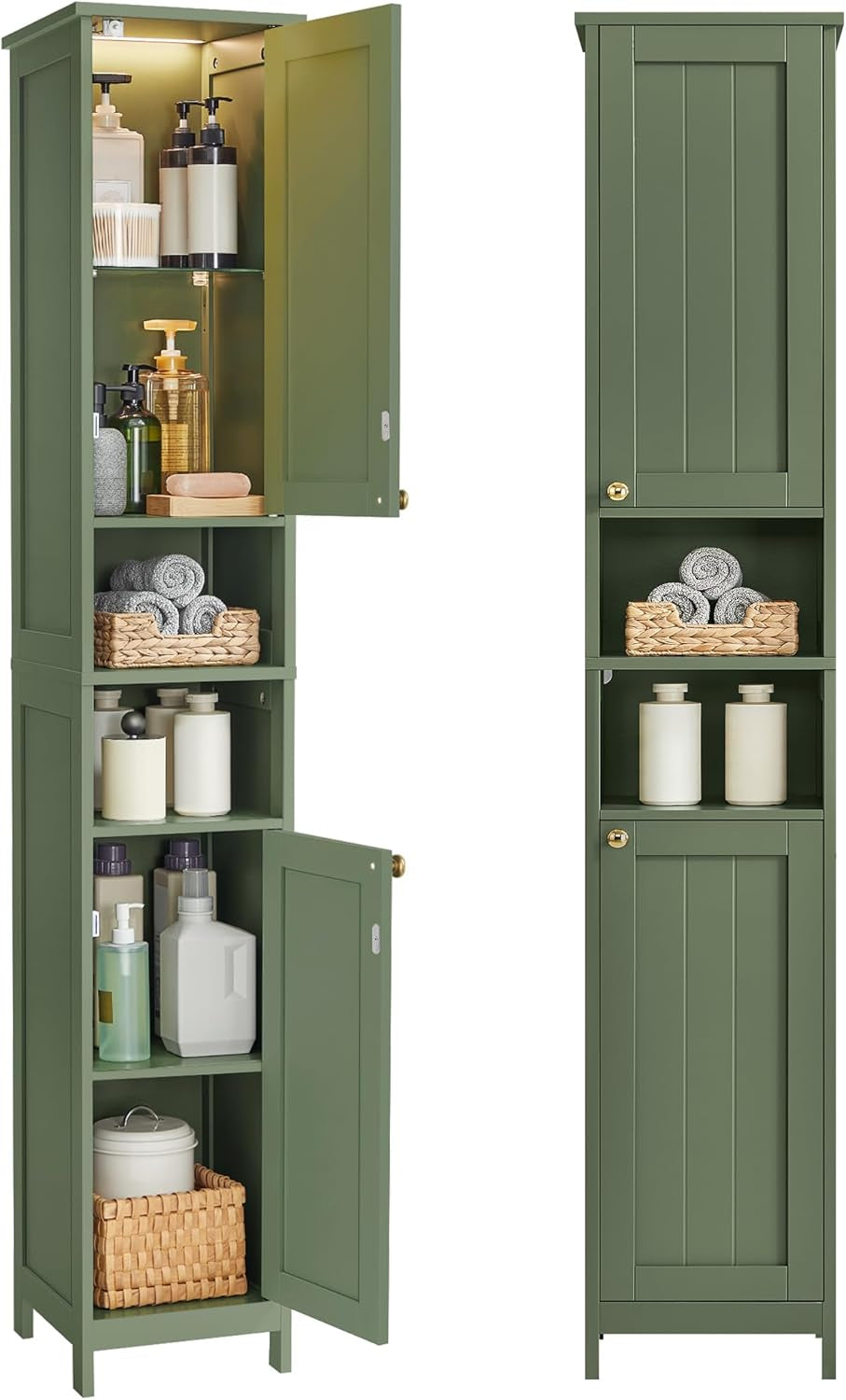 Tall Bathroom Cabinet with Lights, Slim Freestanding Bathroom Storage Cabinet with Adjustable Shelves, for Small Spaces, Modern, 11.8 Inches Wide, Dove Gray UBBC566G02
