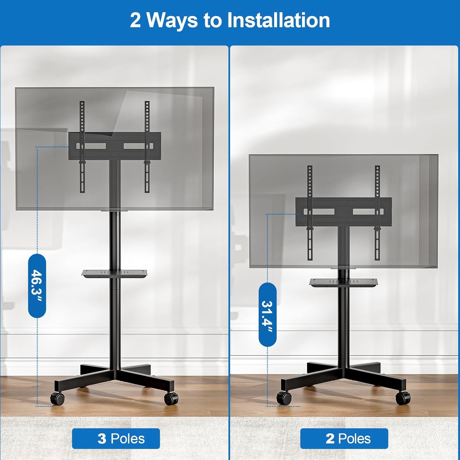 Mobile TV Stand for 23-65 Inch LCD LED Flat/Curved Panel Screen Tvs, Height Adjustable Rolling Floor TV Cart with Tilt Mount and Shelf, Portable Stand Holds up to 110 Lbs, Max VESA 400X400Mm