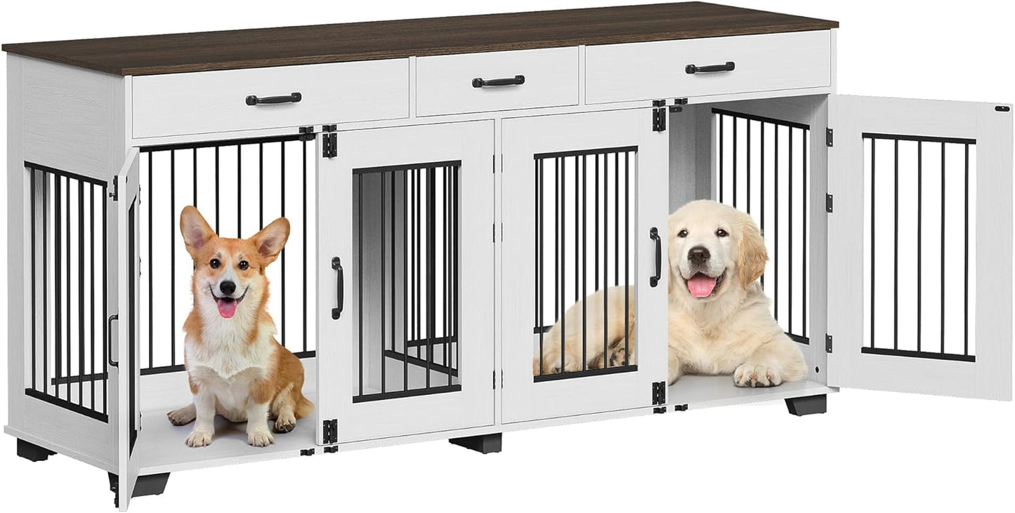 71'' Dog Crate Furniture, Wooden Indoor Dog Kennel for 2 Dogs with 3 Drawers and Removable Room Divider, XXL Double Dog Crate TV Stand End Table with Double Doors for Large Medium Dogs, Rustic Brown