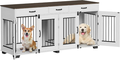 71'' Dog Crate Furniture, Wooden Indoor Dog Kennel for 2 Dogs with 3 Drawers and Removable Room Divider, XXL Double Dog Crate TV Stand End Table with Double Doors for Large Medium Dogs, Rustic Brown