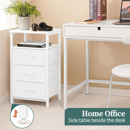 Night Stand with Charging Station, 16 Colors LED Nightstand with USB Ports and Outlets, End Table with 3 Fabric Drawers and Storage Shelf, Bedside Tables Small Dresser for Small Space White