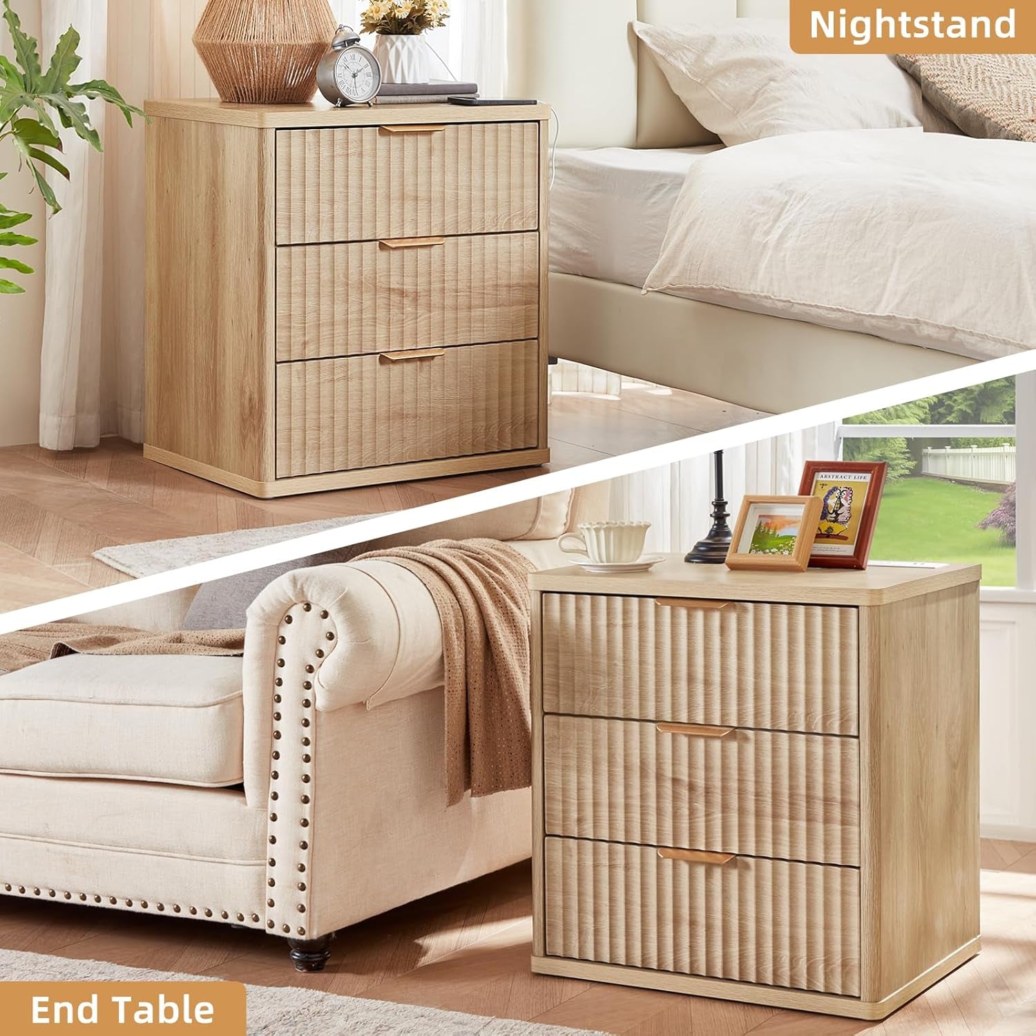 23" Wide Fluted Farmhouse Night Stand Set of 2 with Charging Station, 3 Drawers Large End Table W/Metal Handle, Natural Nightstand Bedside Table,Wood Dresser for Bedroom, Closet