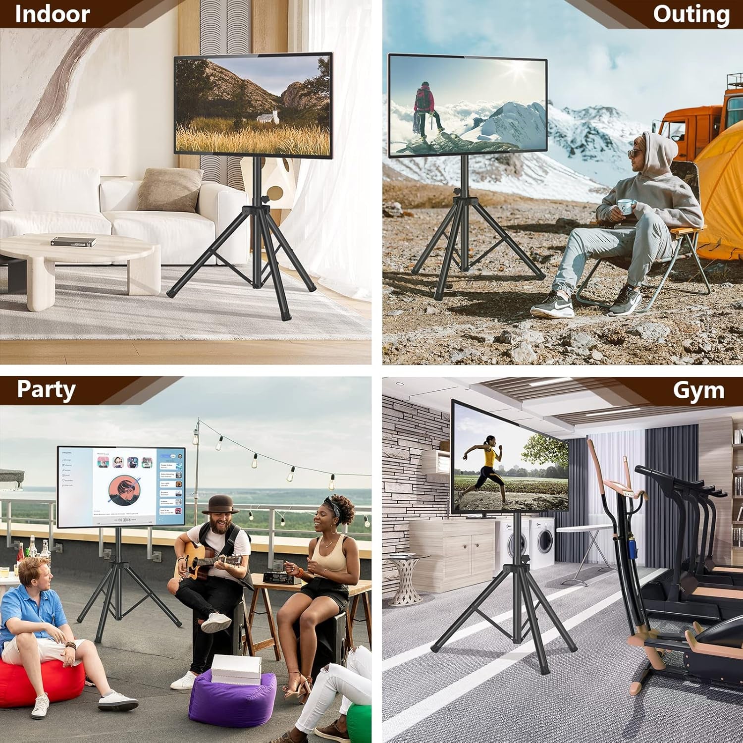 Tripod TV Stand for 23-75 Inch Flat Screen/Curved Tvs up to 100 Lbs, Outdoor TV Stand with ±15° Tilt, Height Adjustable Portable TV Stands with Safety Design, Max VESA 600X400M, Black