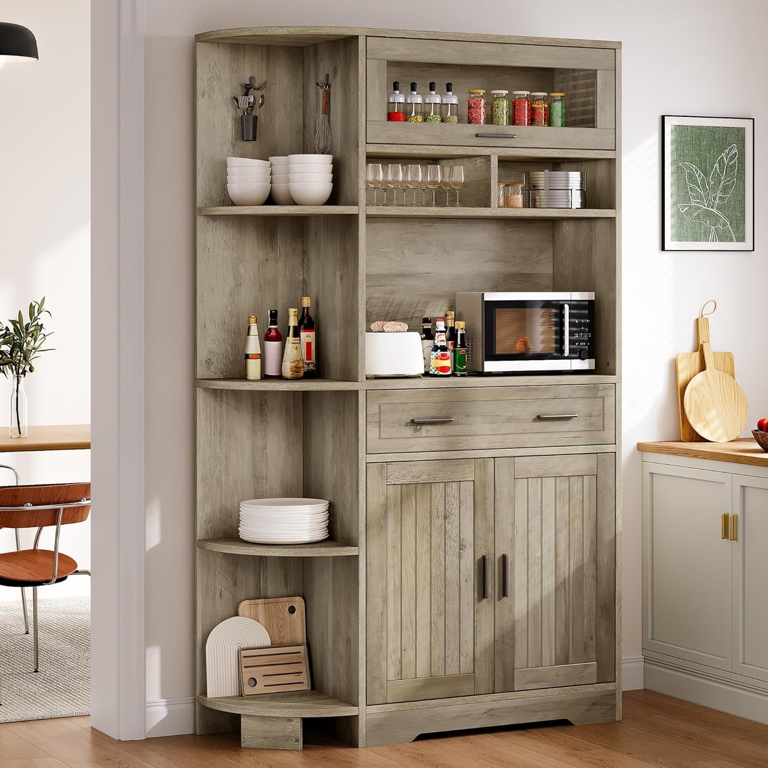 Kitchen Pantry Storage Cabinet, 67" Tall Kitchen Hutch with Outlet & Door & Shelves & Drawer, Farmhouse Wooden Microwave Stand Buffet Coffee Bar for Home Living Dining Room, Antique Gray