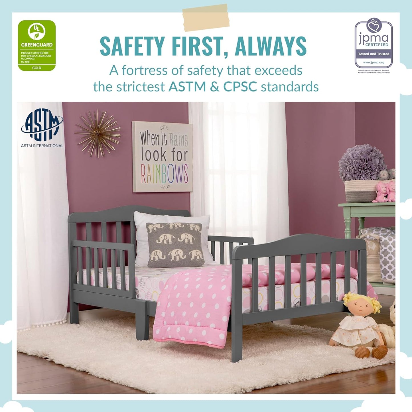 Classic Design Toddler Bed in Steel Grey, Greenguard Gold and BSA Certified, Low to Floor Design, Two Side Safety Rails, Non-Toxic Finishes, Wooden Nursery Furniture