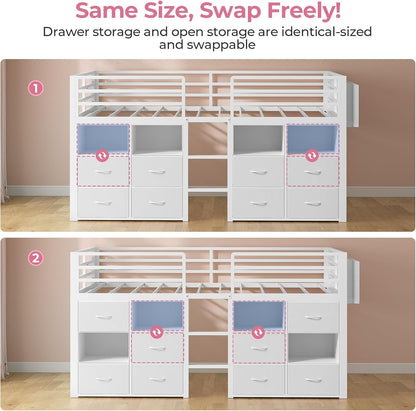 Low Loft Bed Twin Size with 8 Storage Drawers, Twin Loft Bed with Bookcase and LED Lights, Metal Kids Loft Bed with 14" H Safety Guardrail, Under-Bed Play Space, No Box Spring Needed, White