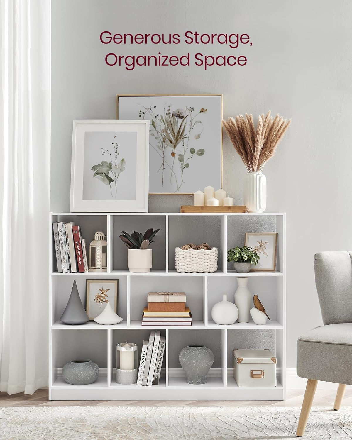 Bookcase, Bookshelf, Freestanding Storage Unit, 11 Open Compartments, Used Horizontally, Vertically, Upside Down, 11.8 X 49.6 X 39.4 Inches, for Living Room, Study, Office, White ULBC054T14