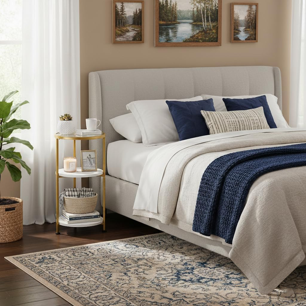 Glass Side Table, Tempered Glass Small round Side Table with 3-Tier Storage Shelves for Small Spaces, Modern Glass round End Table for Living Room, Bedside Nightstand for Bedroom (White+Gold)