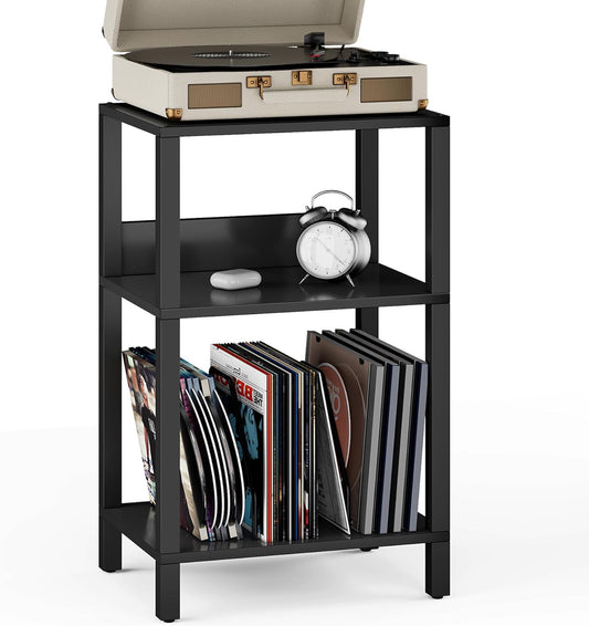 Record Player Stand with Storage up to 100 Albums,Record Storage Table,3 Tier End Table,Side Table for Living Room, Bedroom, Black TB01BK075