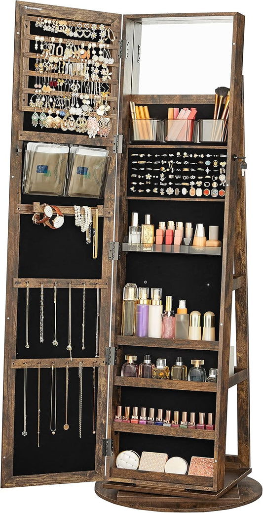 360° Swivel Jewelry Cabinet, Lockable Jewelry Organizer with Full-Length Mirror, Rear Storage Shelves, Interior Mirror, Jewelry Armoire, Gift Idea, Rustic Brown UJJC006X01