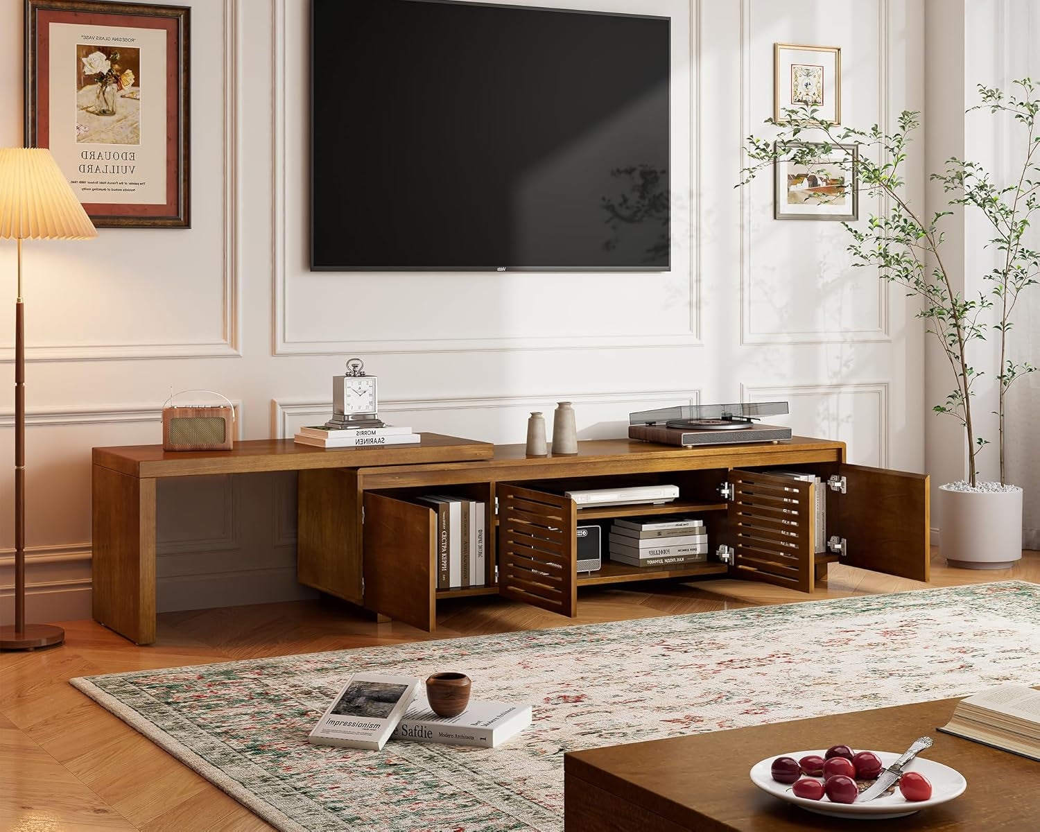 Mid Century Modern TV Stand,Extendable Entertainment Center for 65/70/75/80 Inch Tv,Media Console for Living Room&Bedroom, Walnut