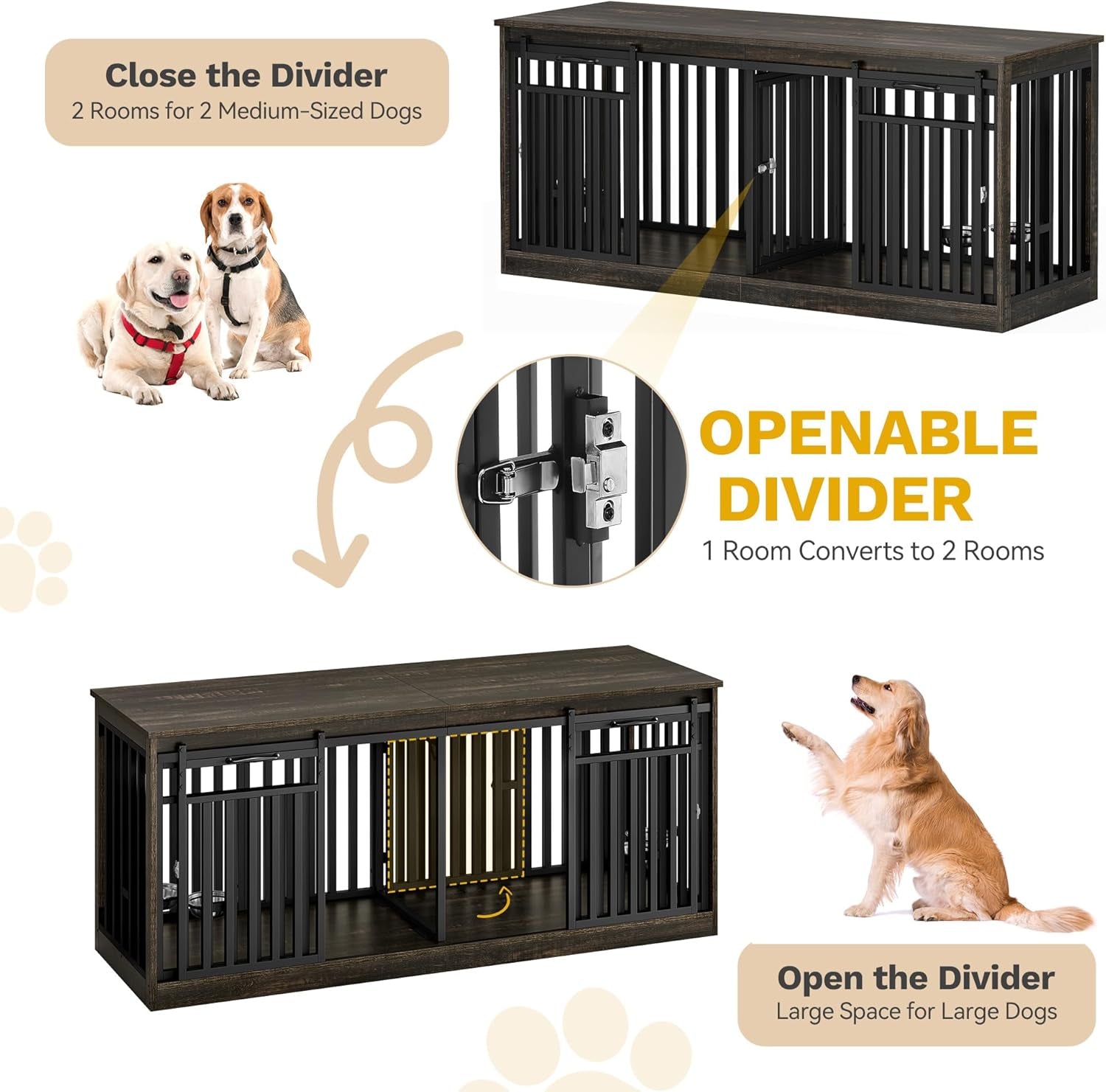 86.6" Double Dog Crate Furniture for 2 Large Dogs, Heavy Duty Metal Dual Dog Kennel TV Stand Sliding Doors, Wooden Two Dog Cage Table with Dog Bowl for Extra Large Dogs, Rustic Brown