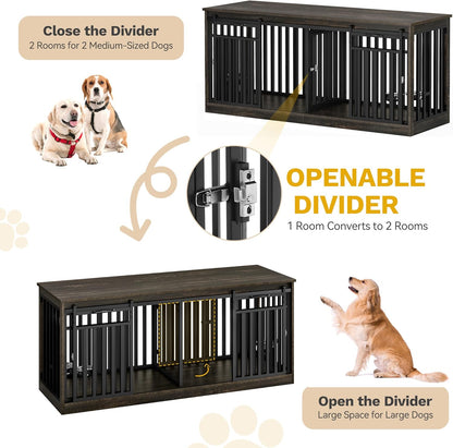 71" Double Dog Crate Furniture with LED Light & Power Outlets, Heavy Duty Dual Dog Kennel TV Stand W Storage Shelves Sliding Doors, Wooden Two Dog Cage Table 2 Medium Large Dogs, Rustic Brown
