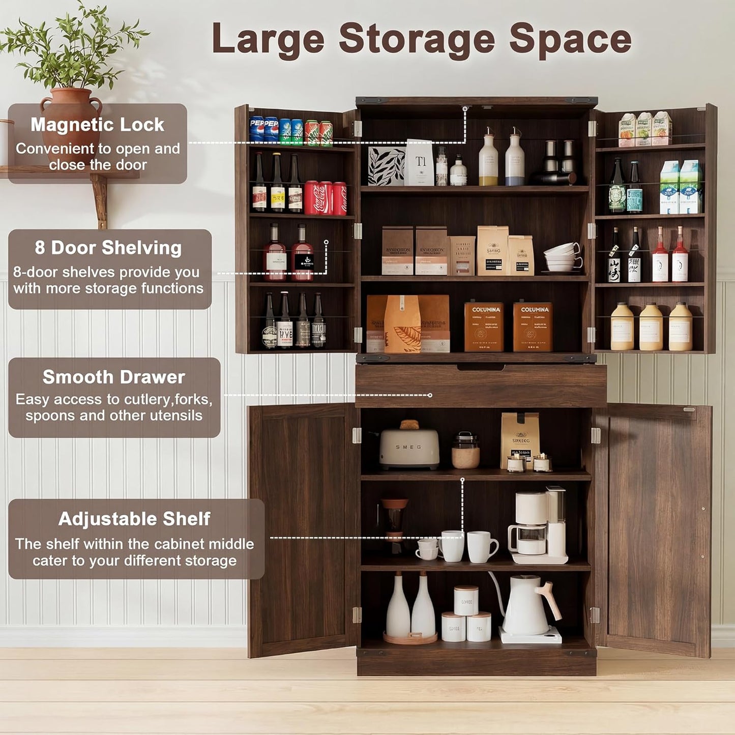 72" Kitchen Pantry Storage Cabinet with Doors and Shelves, Wood Farmhouse Pantry Storage with Barn Doors for Kitchen, Dining Room, Living Room, Dark Brown