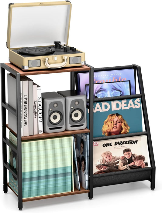 Record Player Stand, Turntable Stand with Vinyl Storage, Record Player Table Storage up to 200+ Albums, Record Player Cabinet with 3-Tier Vinyl Display, Audio Media Living Room Table