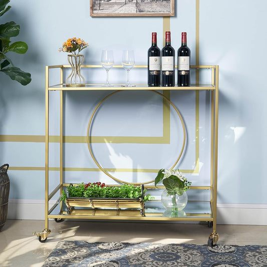 Gold Bar Cart, Modern Wine Cart with Wheels, Home Bar Serving Carts with 2 Tier Mirrored Shelves, Wine Bar Carts for the Home, Dining Room, Kitchen