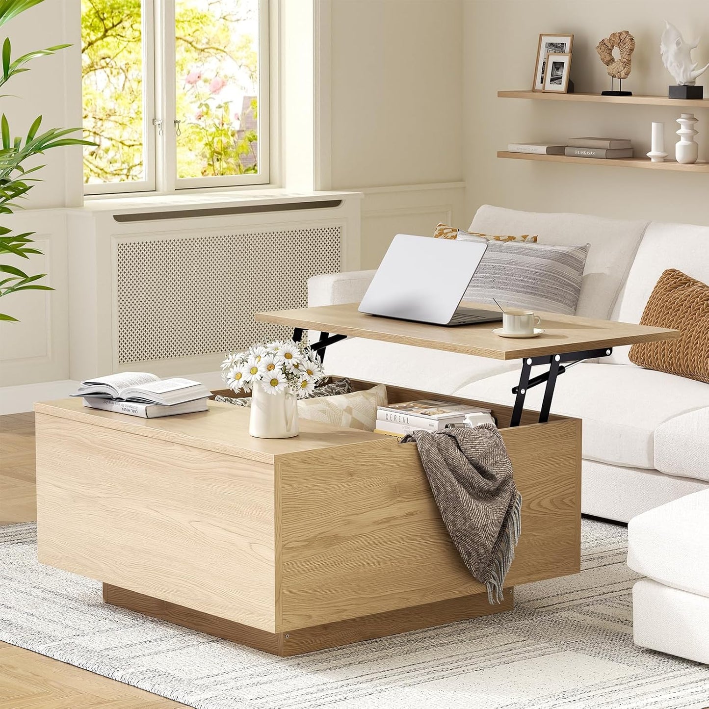 Lift Top Coffee Table, Wood Square Coffee Table with Storage, Farmhouse Coffee Tables with Hidden Storage Compartment, Center Table with Lifting Tabletop for Living Room, Home Office, Natural