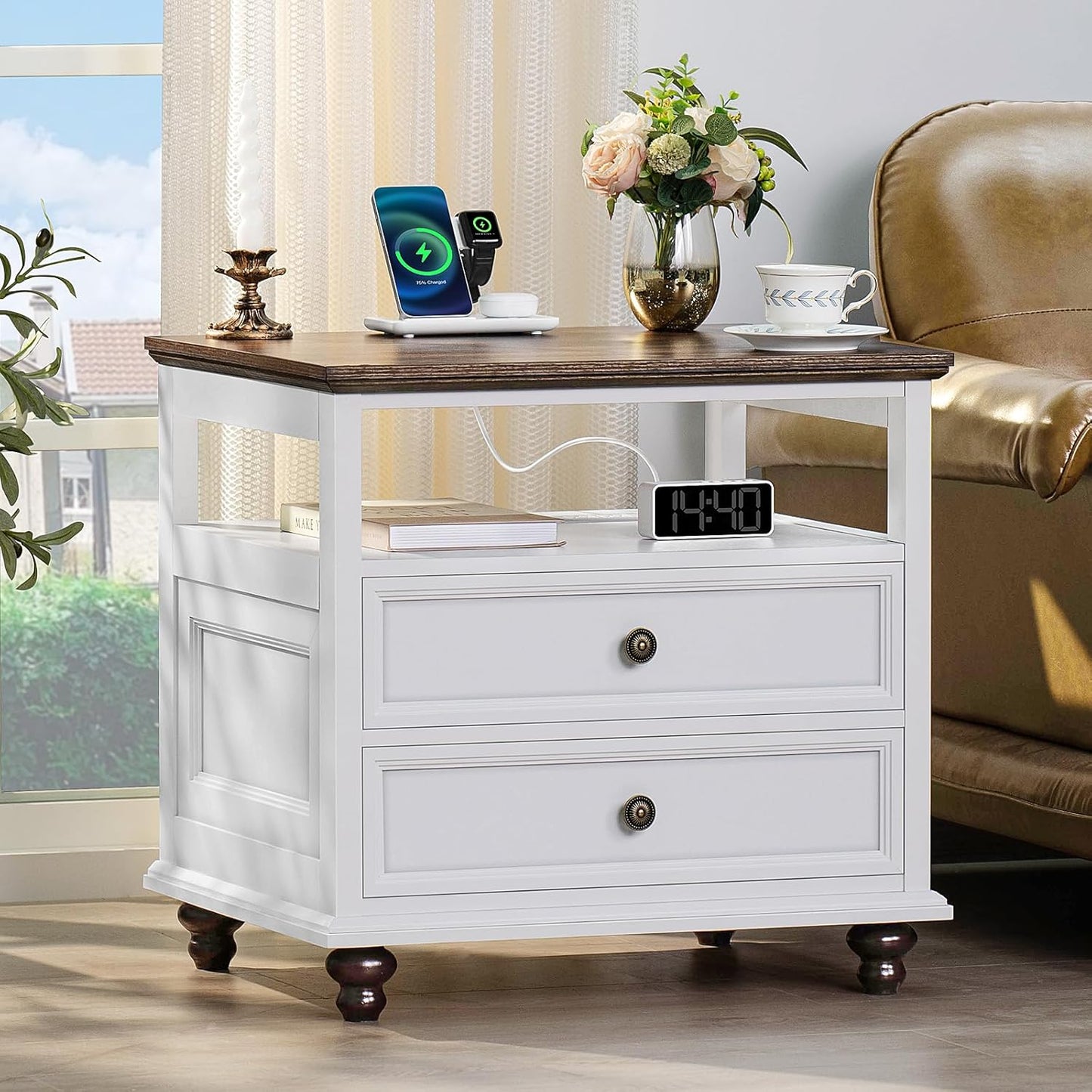 Farmhouse Nightstand Set of 2 with Charging Station, 24" Wide End Table with 2 Drawers,Dresser for Bedroom,Bed Side Table Chest of Drawers Cabinet,Wood White Night Stand for Living Room