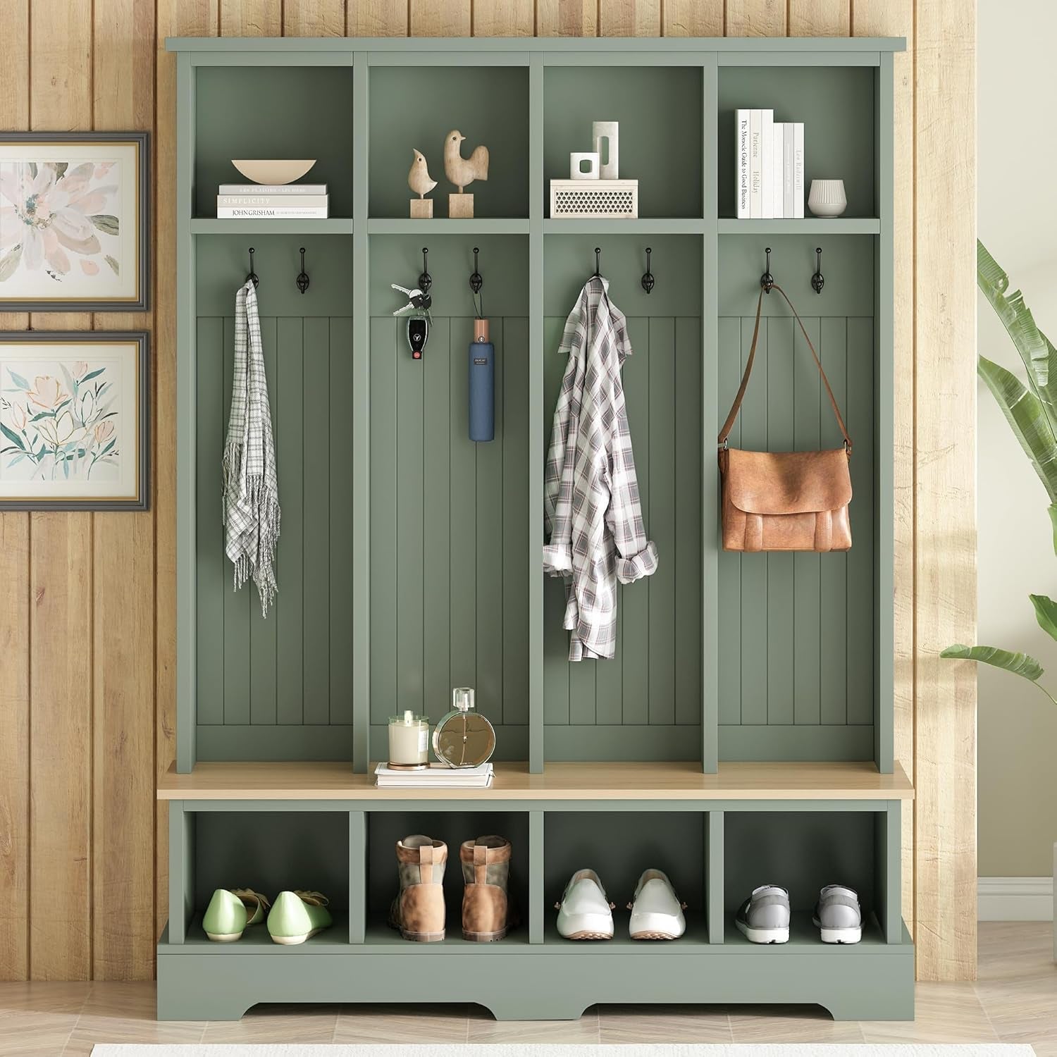 Farmhouse Hall Tree with Bench and Shoe Storage, 59" Entryway Bench with Coat Rack, 3-In-1 Hall Tree with Top Compartments and 8 Hooks for Hallway, Living Room, Green