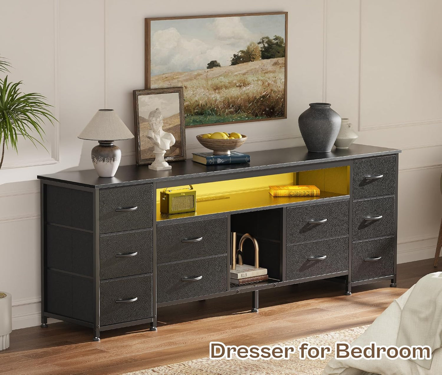 63 Inch LED TV Stand Dresser with Power Outlets, USB-C Port and LED Lights, 10 Fabric Drawer Dresser for Bedroom, Long Entertainment Center for 65, 70 Inch TV, Open Shelves, PU Leather, Black