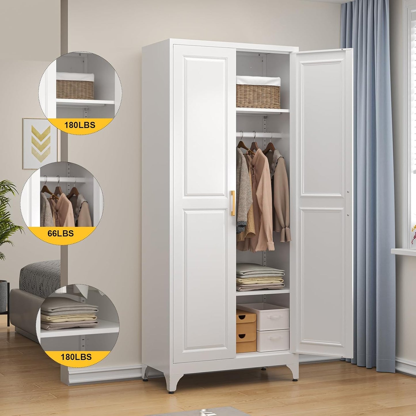 Metal Wardrobe Cabinet with Hanging Rod, 71" Tall Armoire Wardrobe Closet with 2 Doors and Adjustable Shelves, White Clothing Storage Cabinets for Bedroom, Laundry Room, Cloak Room