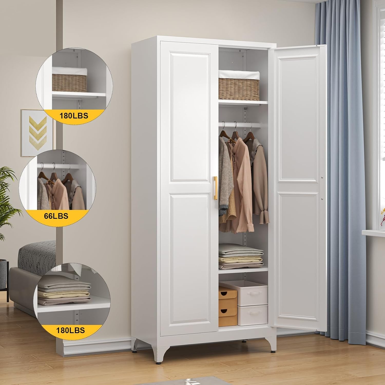 Metal Wardrobe Cabinet with Hanging Rod, 71" Tall Armoire Wardrobe Closet with 2 Doors and Adjustable Shelves, White Clothing Storage Cabinets for Bedroom, Laundry Room, Cloak Room