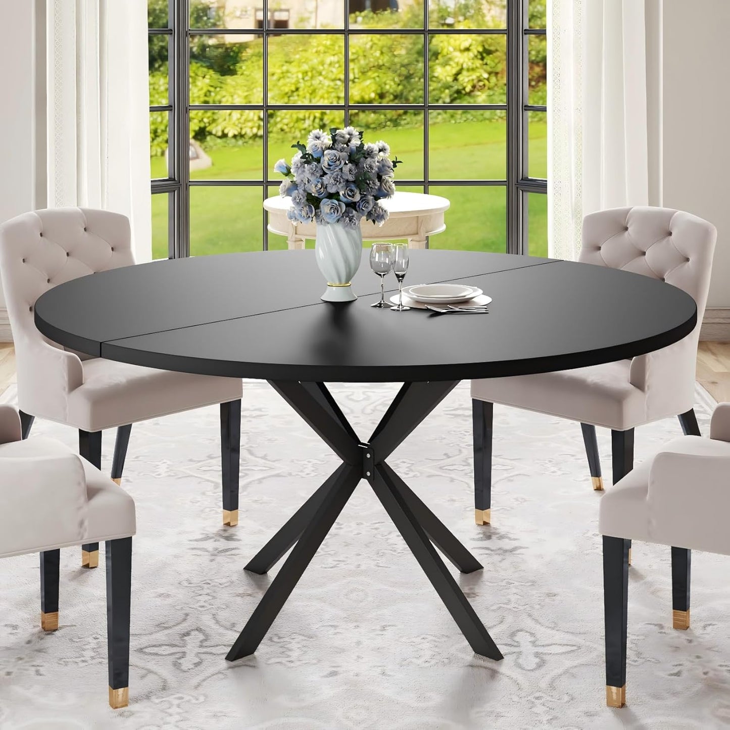 47.24" round Dining Table for 4-6 Person, round Kitchen Table with Wood Top, Circle Dinner Pedestal Tables with Metal Legs for Dining Room Kitchen (Black)