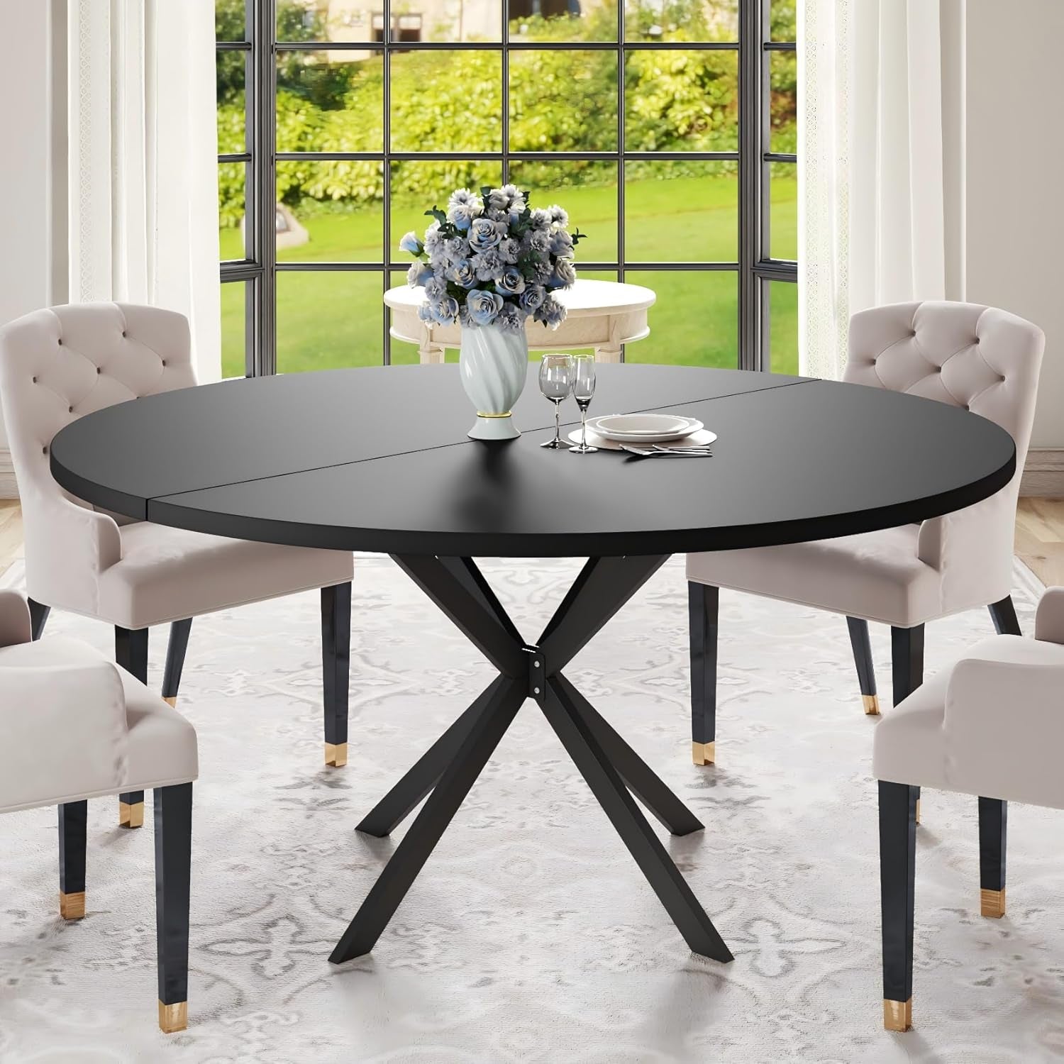 47.24" round Dining Table for 4-6 Person, round Kitchen Table with Wood Top, Circle Dinner Pedestal Tables with Metal Legs for Dining Room Kitchen (Black)
