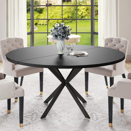 47.24" round Dining Table for 4-6 Person, round Kitchen Table with Wood Top, Circle Dinner Pedestal Tables with Metal Legs for Dining Room Kitchen (Black)
