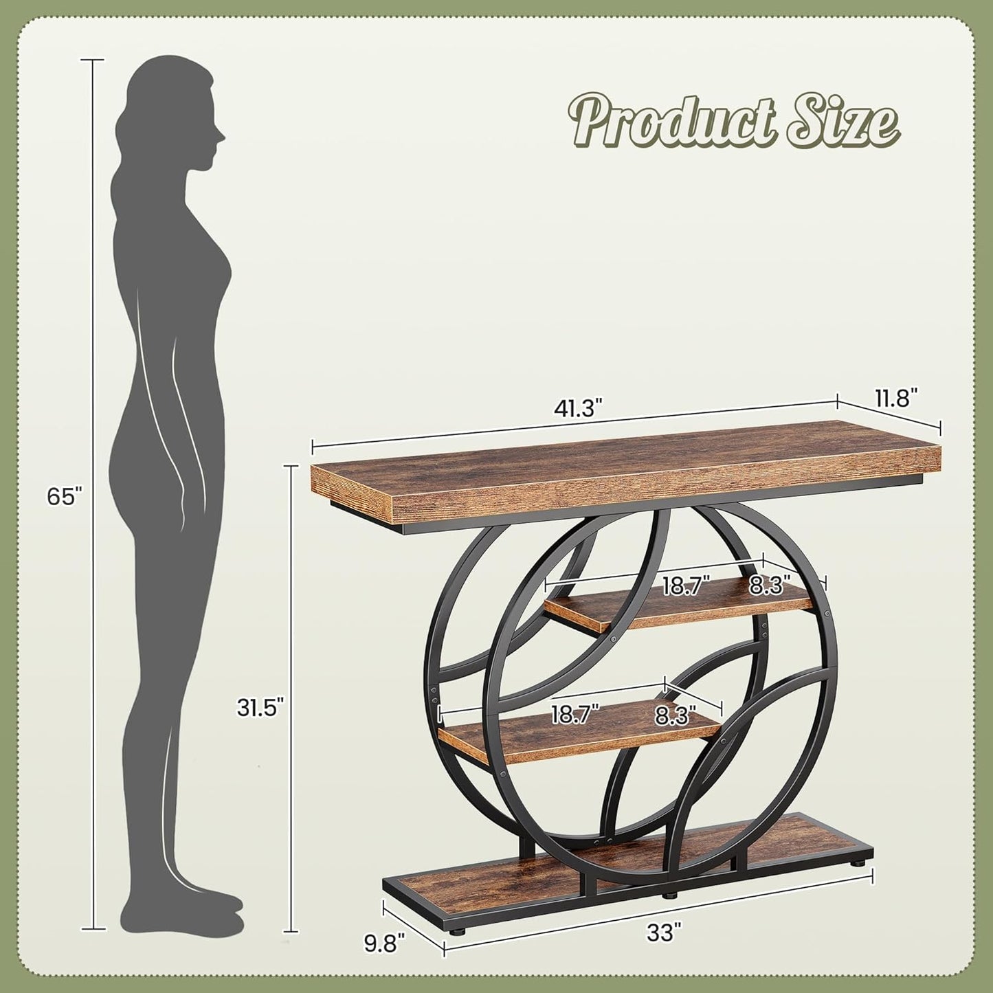 41.3 Inch Entryway Table, Industrial Console Sofa Table with Storage, Accent Table with Shelves, for Entry, Hallway, Entrance, Foyer, O-Shaped Metal Frame, Rustic Brown