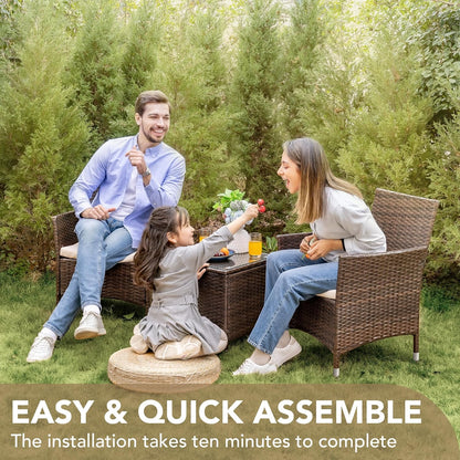 Patio Porch Furniture Sets 3 Pieces PE Rattan Wicker Chairs with Table Outdoor Garden Furniture Sets (Brown/Beige)