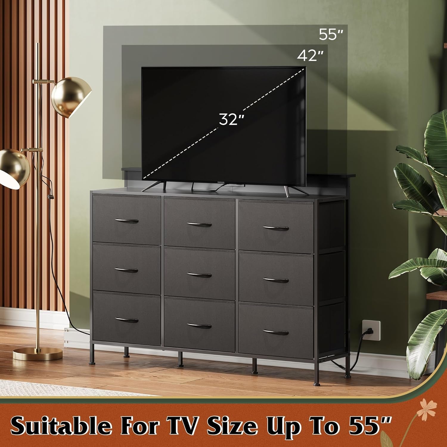 Black TV Stand for 45, 50, 55 Inch TV, Entertainment Center with LED Lights & Charging Station, TV Media Console Table with 9 Fabric Drawers and Open Shelves for Living Room, Hallway, Wood Top