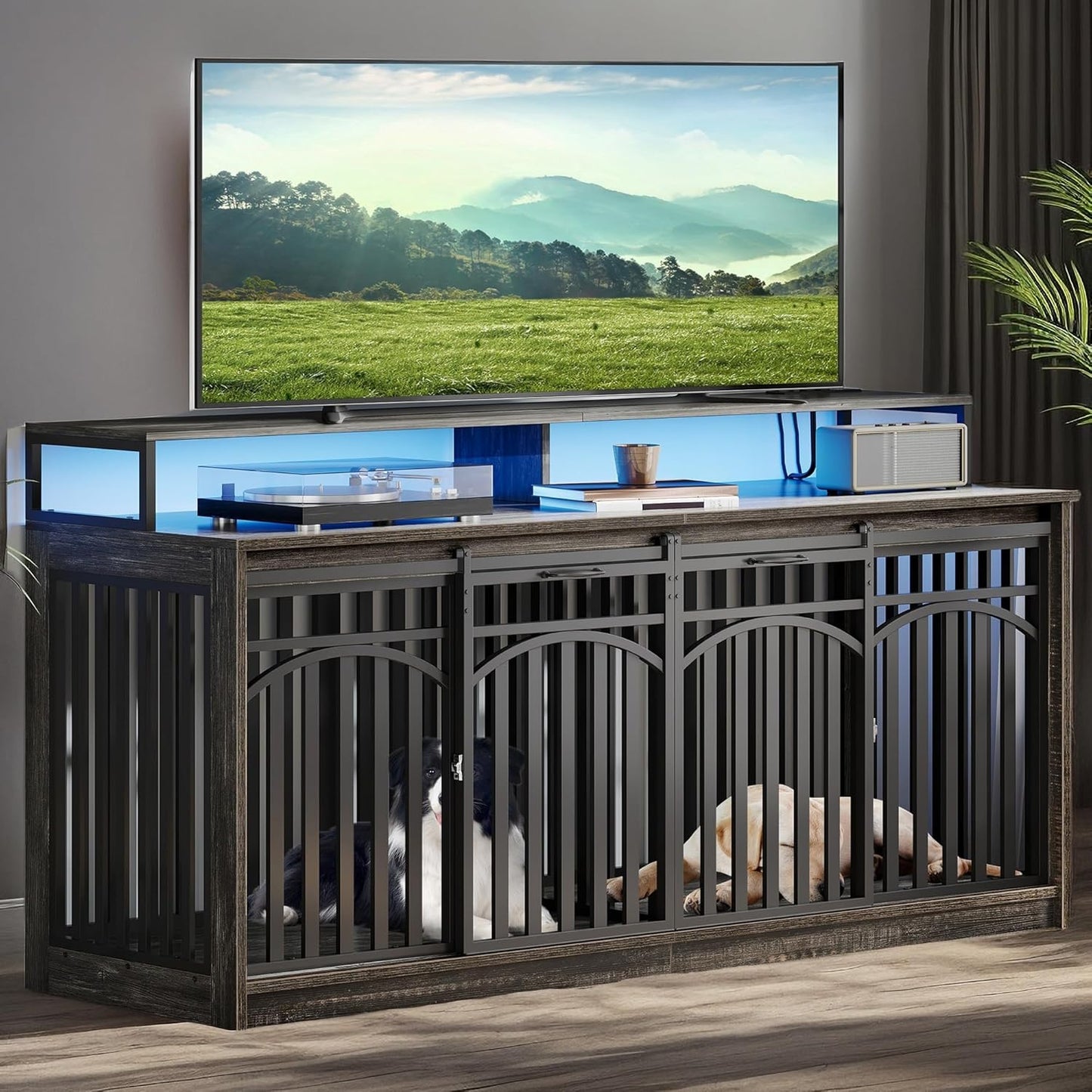 71 Inch Double Dog Crate Furniture with LED Light & Power Outlets for 2 Dogs, Heavy Duty Cage with TV Stand Shelves, Dog Kennel Indoor Sliding Barn Door Design for Large Dogs, Black Oak