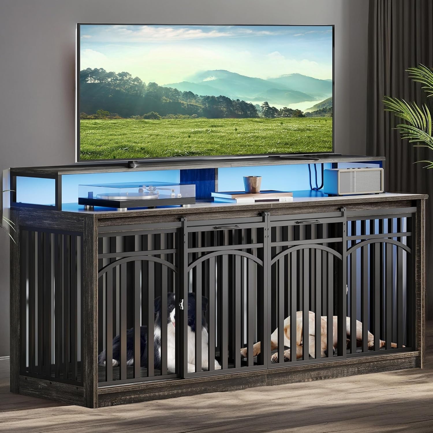 71 Inch Double Dog Crate Furniture with LED Light & Power Outlets for 2 Dogs, Heavy Duty Cage with TV Stand Shelves, Dog Kennel Indoor Sliding Barn Door Design for Large Dogs, Black Oak