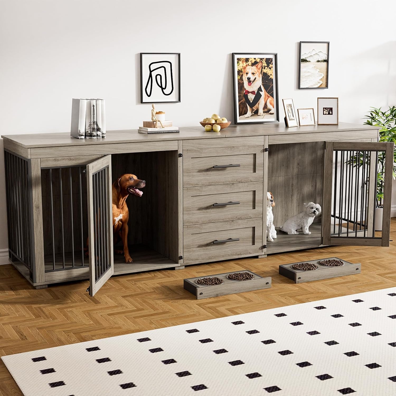 94.5" Dog Crate Furniture for 2 Dogs, Large Dog Kennel Furniture with 3 Storage Drawer, Wooden Dog Cage with 4 Bowls, Indoor Dog House TV Stand with Locks for Large Medium Dog, Grey