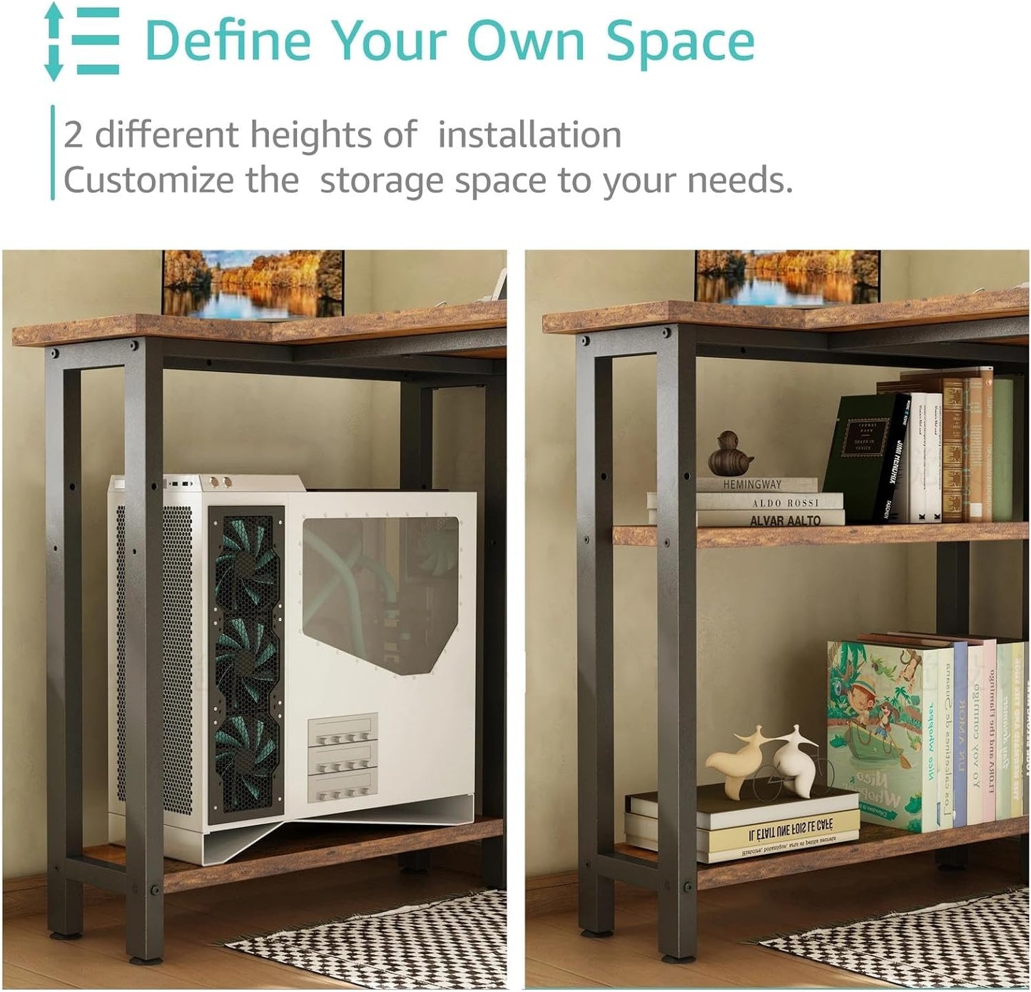 L Shaped Desk with Drawers & Storage Shelves, 47 Inch Small Reversible Corner Desk with Power Outlet for Home Office Bedroom, L-Shaped Gaming PC Computer Desks with Fabric Drawer, Rustic Brown