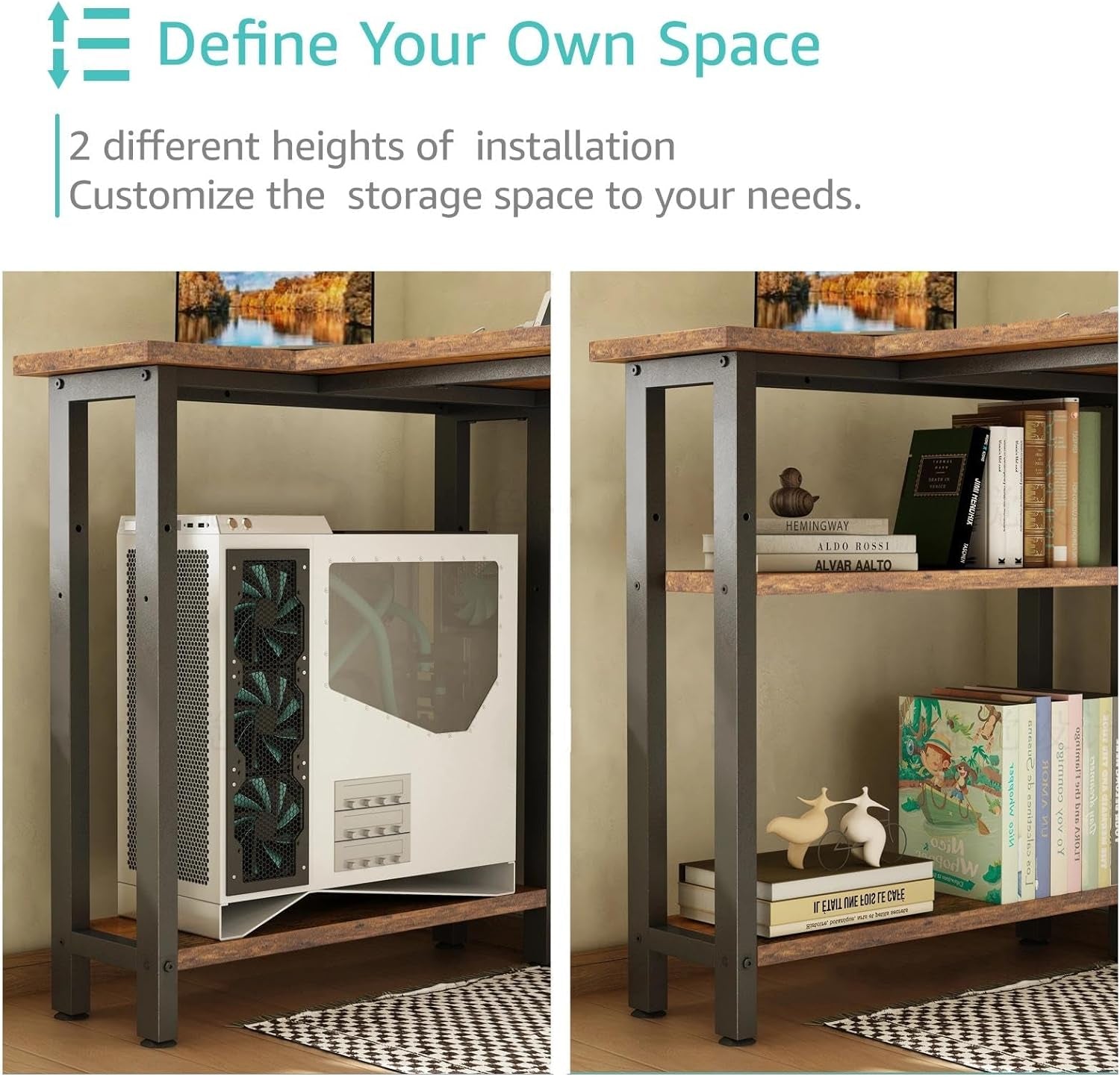 L Shaped Desk with Drawers & Storage Shelves, 47 Inch Small Reversible Corner Desk with Power Outlet for Home Office Bedroom, L-Shaped Gaming PC Computer Desks with Fabric Drawer, Rustic Brown