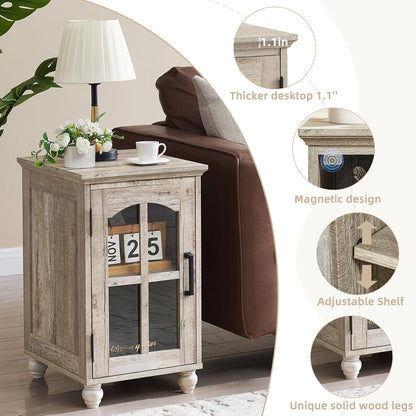 Narrow Side Table Set of 2,Farmhouse Nightstand with Charging Station,End Table with Glass Barn Door Storage, Cabinet Organizer with Adjustable Shelf, Night Stand for Small Spaces Living Room Bedroom