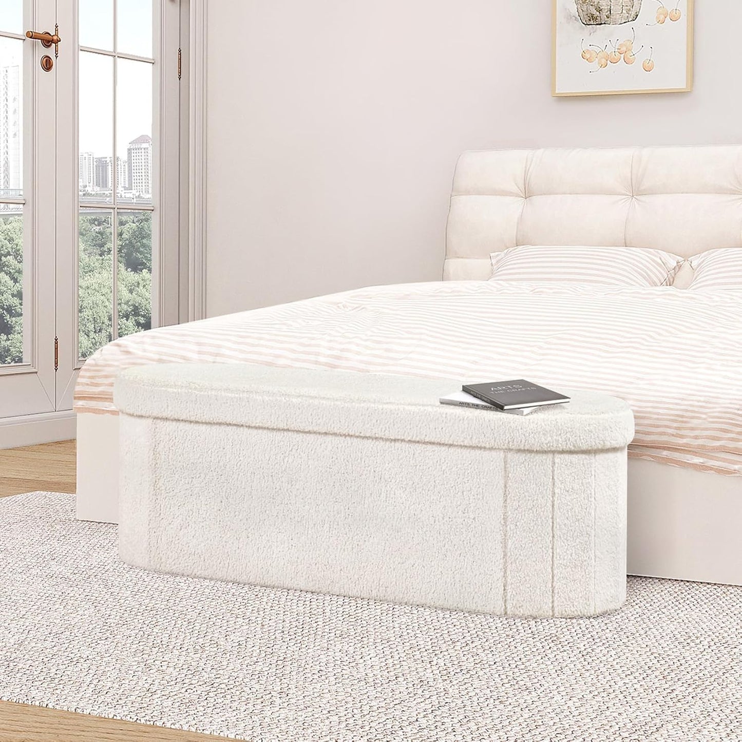 Ottoman with Storage for Living Room, Sherpa Folding Storage Ottoman Foot Rest, 43.3 Inches Collapsible Bedroom Bench White