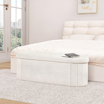 Ottoman with Storage for Living Room, Sherpa Folding Storage Ottoman Foot Rest, 43.3 Inches Collapsible Bedroom Bench White