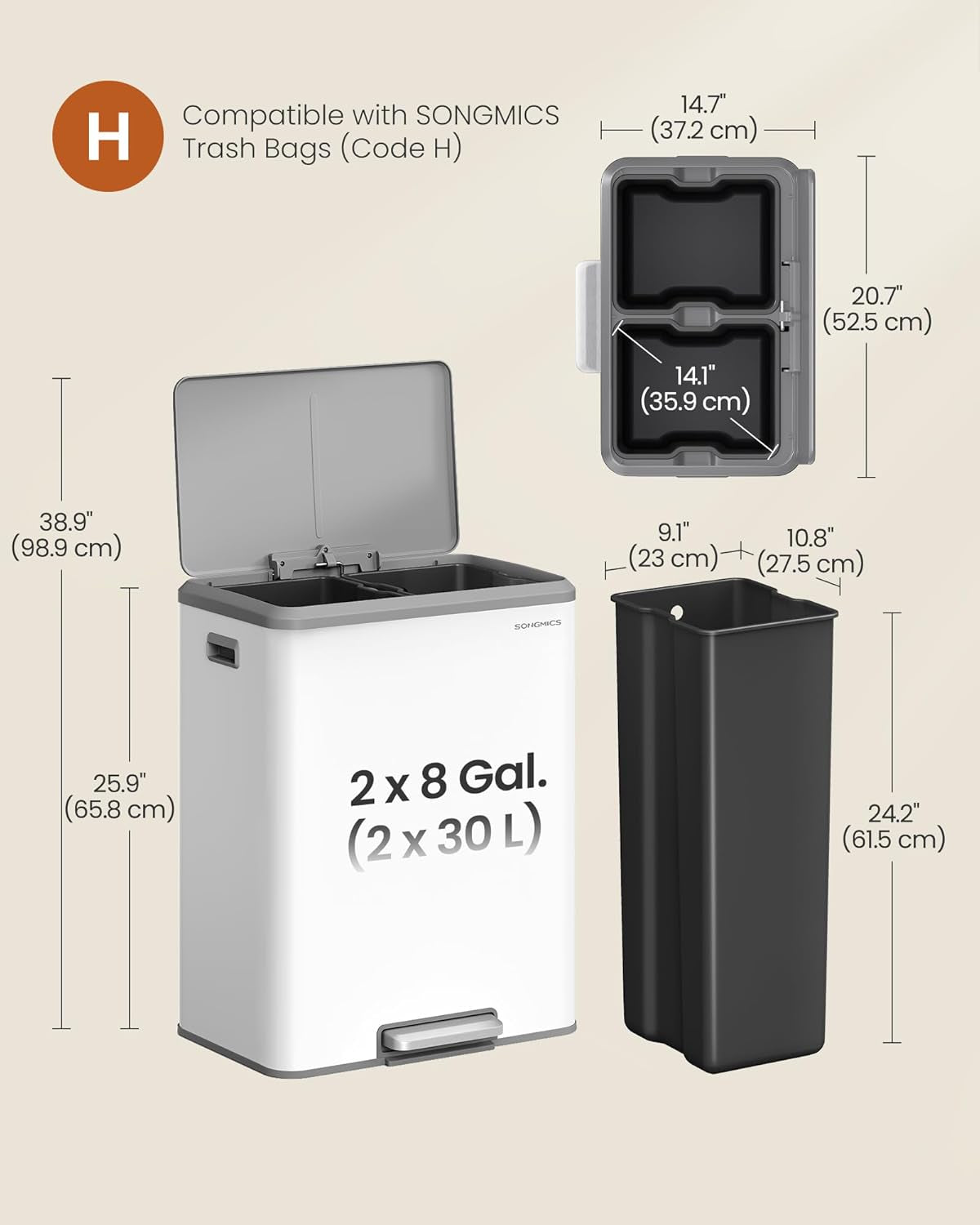 Trash Can, 2 X 8 Gallon (2 X 30 L) Double Garabge Can for Recycling and Waste, Stainless Steel, Soft-Close Lid, Inner Buckets, Wide Sturdy Pedal, Cloud White ULTB556W01