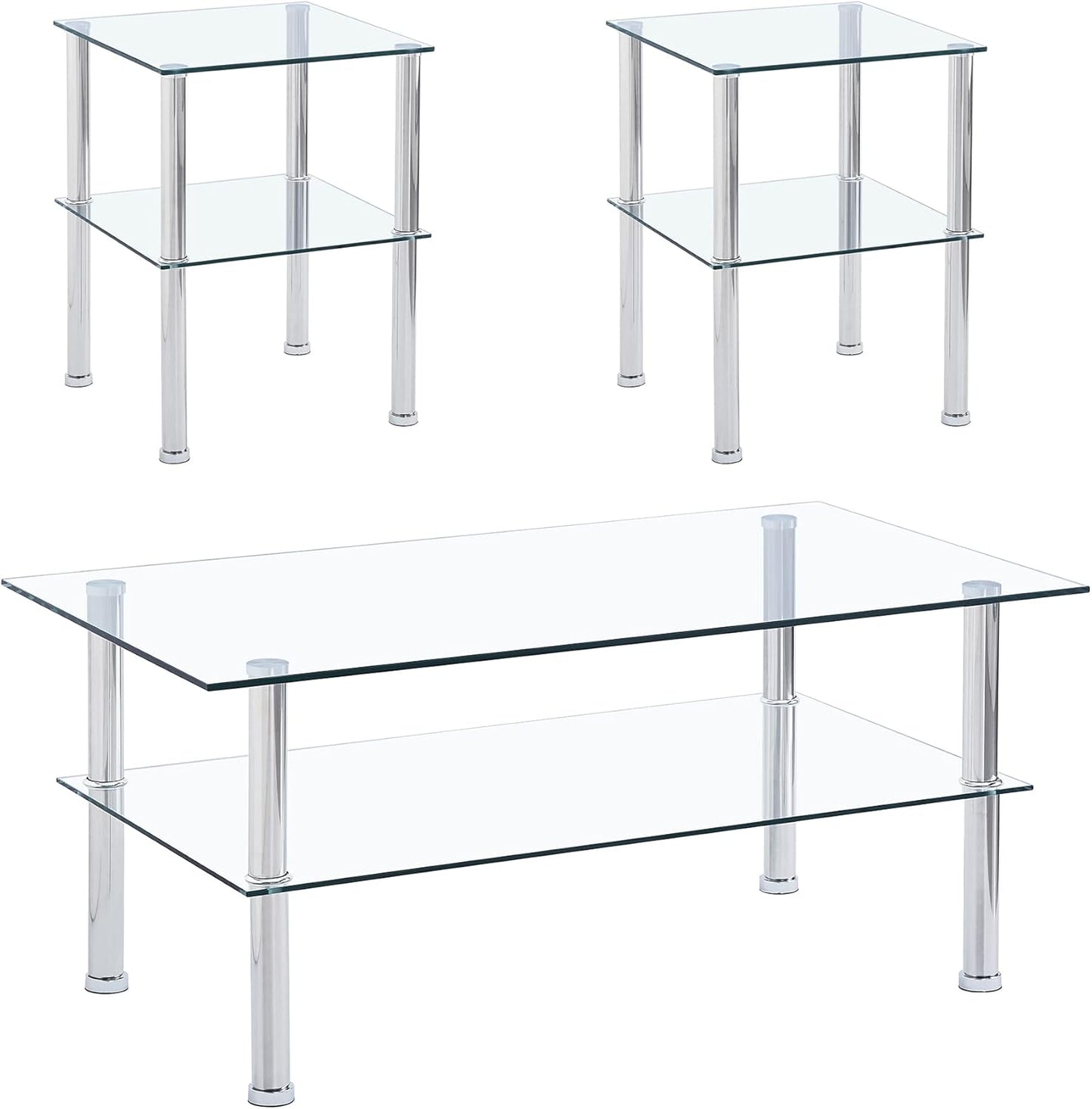 Glass Coffee Table Set of 3, Modern Clear Transparent Living Room Tables, Coffee Table and End Tables Set, Small Modern Waterfall Glass Table Set, 3PCS