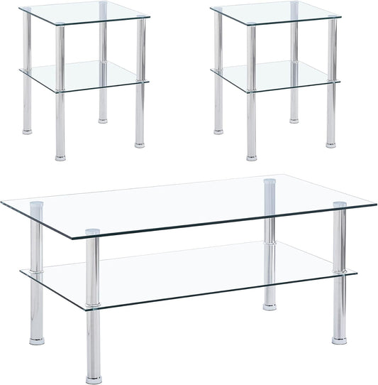 Glass Coffee Table Set of 3, Modern Clear Transparent Living Room Tables, Coffee Table and End Tables Set, Small Modern Waterfall Glass Table Set, 3PCS