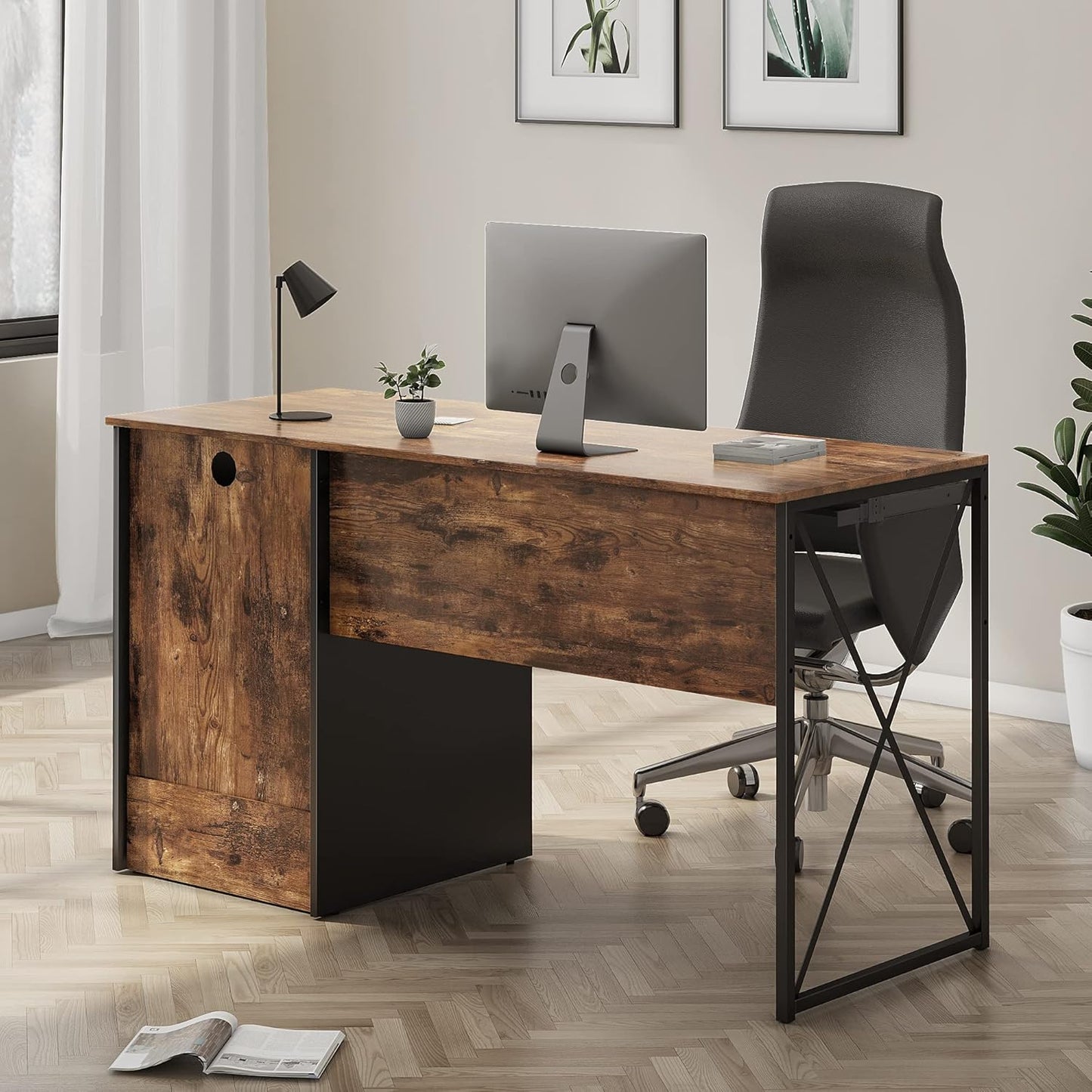 Office Desk with Drawers, 55 Inch Industrial Computer Desk with Storage, Wood Teacher Desk with Keyboard Tray & File Drawer for Home Office, Rustic Brown