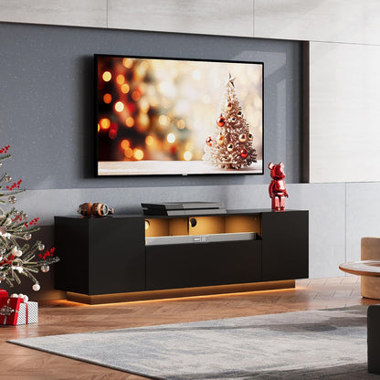 Modern TV Stand for 65 Inch TV, Entertainment Center with LED Lights & Large Storage Cabinets, Sturdy Media Console for Living Room, Bedroom, Gaming(Black)